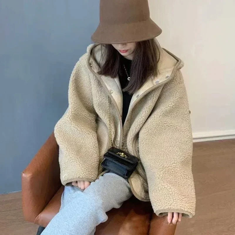 YTJHRG Women's Lamb Wool Coat Thick Warm Plush Jackets Streetwear Faux Fur 2024 New Autumn Winter Korean Fashion Female Clothing