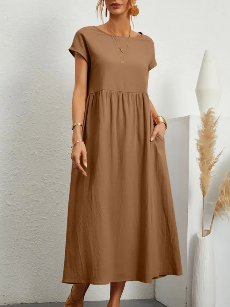 Women's Casual White Short Sleeve Midi Dress Summer Round Neck Cotton And Linen Vintage Loose Long Dresses With Pockets Y2K