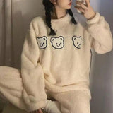 Flannel Women Pajama Set Thick Coral Velvet Cartoon O Neck Warm Thicken Bear Pineapple Women Nightie Set Autumn Winter Sleepwear