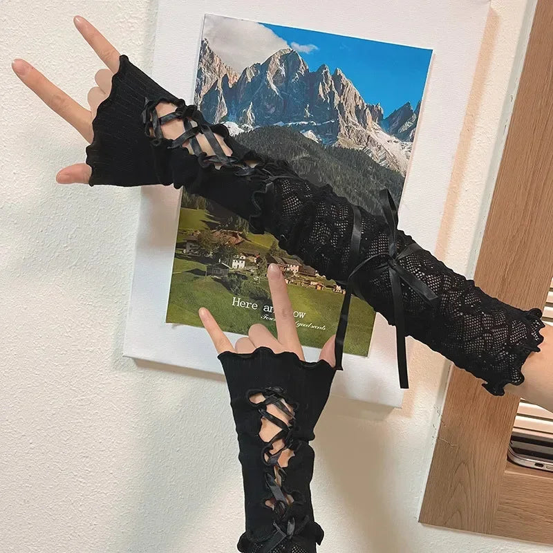 Y2K Women Lolita Jk Lace Sleeves Elastic Mesh Punk Gloves Gothic Black White Sexy Strapping Sunscreen Sleeve Elastic Arm Warmers