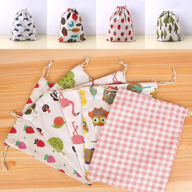 1PC Cotton Linen Fabric Pouch Drawstring Bag Cute Animal Plant Print Kids Travel Cloth Shoes Storage Bag Makeup Case Gift Bag