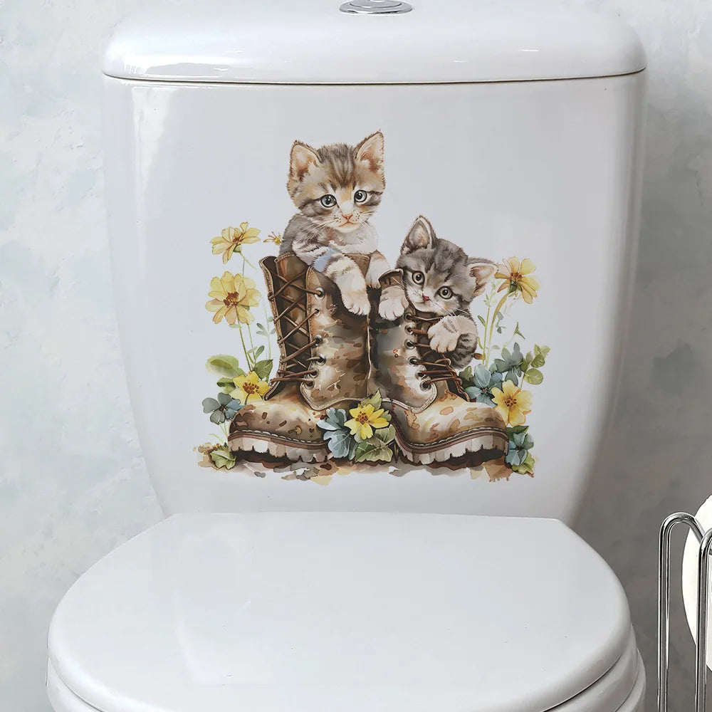 Cartoon Cute Shoes Cat Wall Stickers For Bathroom Decoration Toilet Mural Bedroom Cabinet Home Decor Self-adhesive Kitten Decals