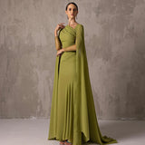 Sharon Said Custom Made Elegant Asymmetrical Sage Green Chiffon Arabic Evening Dress with Cape Sleeves For Women Wedding SF051