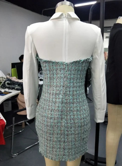 Elegant Commuting Style 2024 Spring Latest for Women Short Skirt Fashionable Flip Collar Princess Sleeve Woolen Patchwork Dress