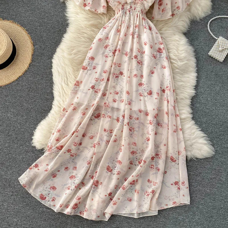 Retro Floral Print Ruffle Chiffon Elegant Midi Dress A-line V Neck Beach Vacation Dress Women Korean Fashion Summer Vestidos