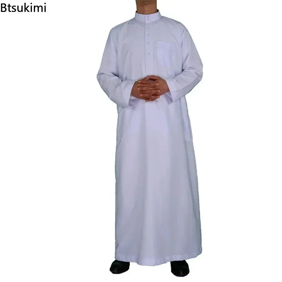 2024 Men's Muslim Fashion Long Sleeve Abayas Saudi Arabic Solid Color Loose Kaftan Modest Robe Men Musulman Costumes Jubba Thobe