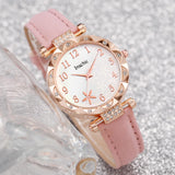 5PCs/Set Women's Flower Leather Quartz Watch Pink Bead Set