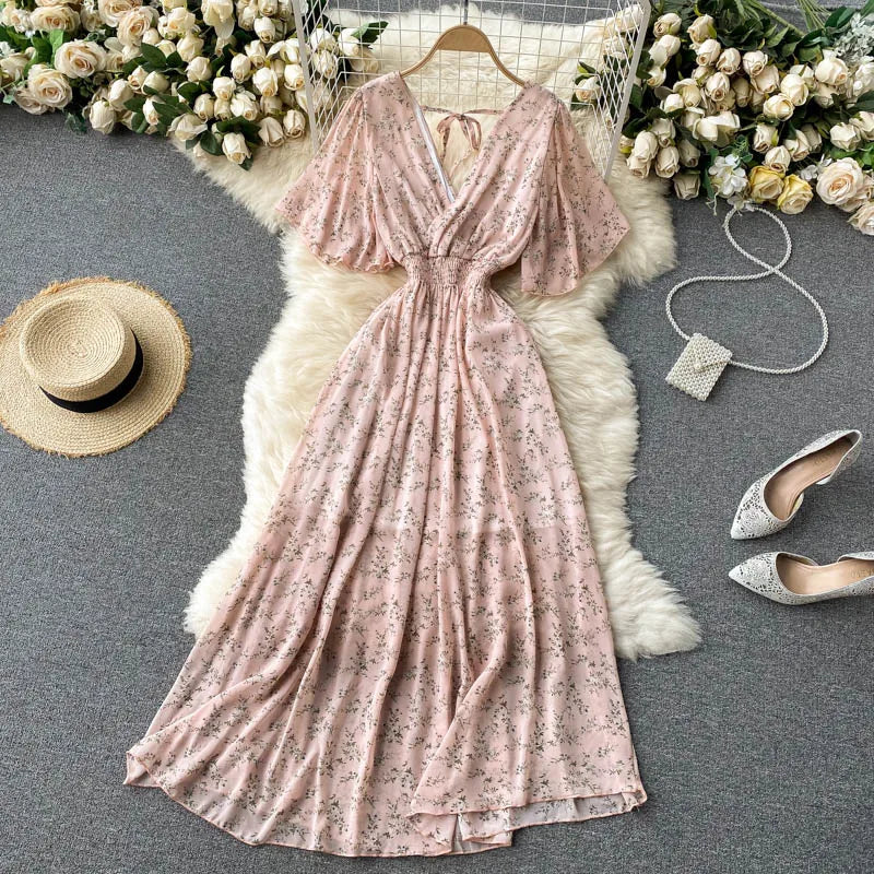 Retro Floral Print Ruffle Chiffon Elegant Midi Dress A-line V Neck Beach Vacation Dress Women Korean Fashion Summer Vestidos