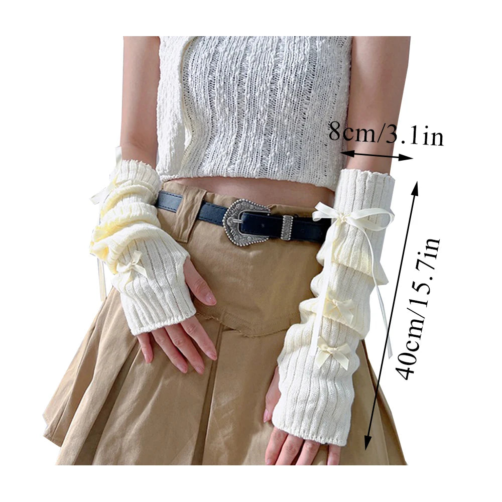 Female Y2K Fashion Arm Warmers Bowknot Soft Knitted Gloves Women Girl Half Finger Mittens Solid Color Thicken Arm Sleeves