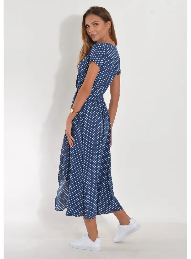 Summer Polka Dot Split Hem Long Dress Women 2023 New Fashion V Neck Print Sundress Vestidos Short Sleeved Waisted Lace-up Dress