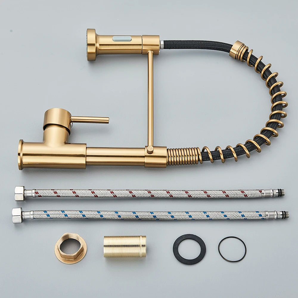 Brushed Gold Kitchen Sink Faucet Spring Pull-down Hot Cold Mixer Faucet Deck Installation Faucet