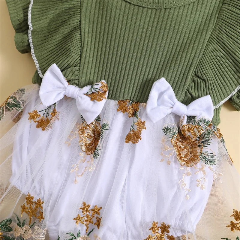 Infant Newborn Baby Girl Romper Dress Flower Embroidery Knit Rib Ruffles Crew Neck Jumpsuit Summer Bodysuit Bow Headband