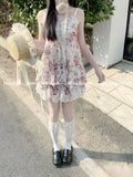 Woman Sweet Kawaii Y2k Min Dress Lolita Cute Sleeveless Floral Dress Spicy Girls Lace Up Ruffle Slim Fit Dresses Design Chic