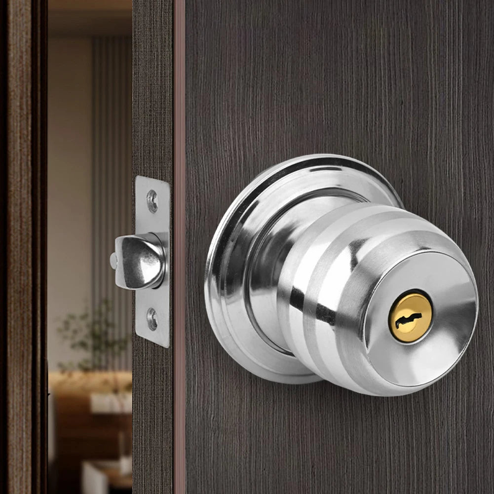 1set Safety Lock Door Handle Stainless Steel Door Knobs Entrance Round Doorknob Passage Door Lock with Key for Home Office Hotel