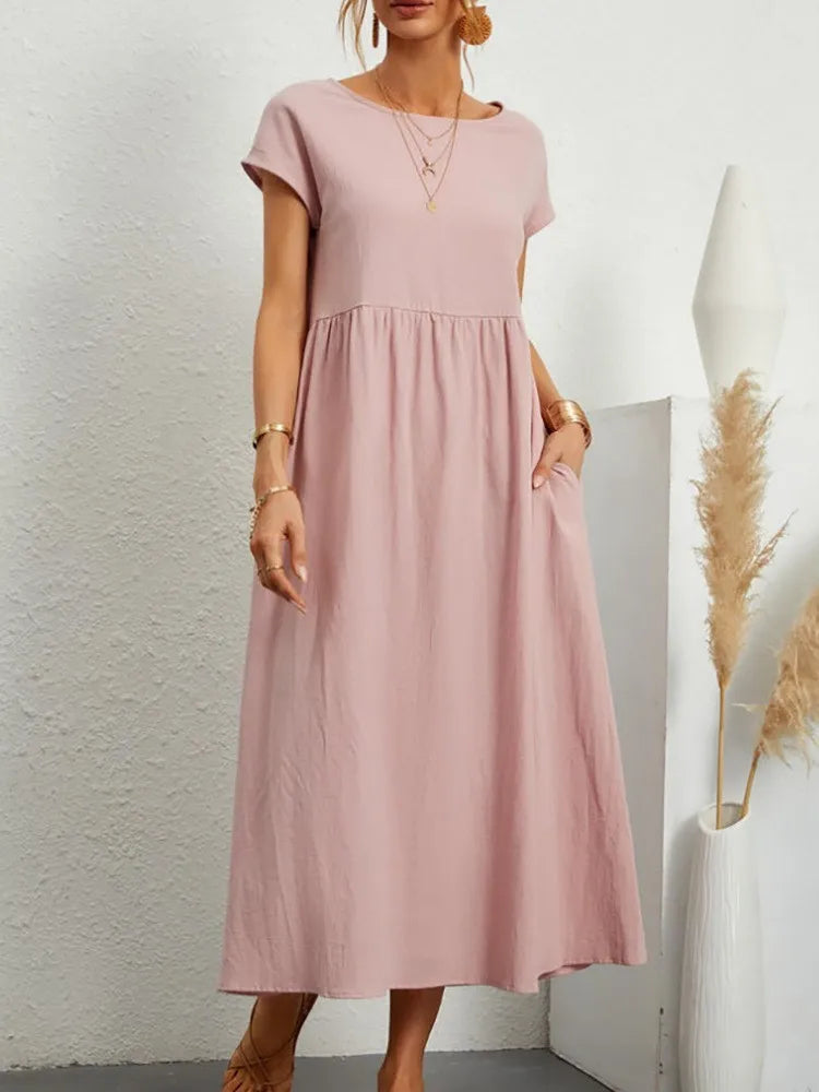 Women's Casual White Short Sleeve Midi Dress Summer Round Neck Cotton And Linen Vintage Loose Long Dresses With Pockets Y2K