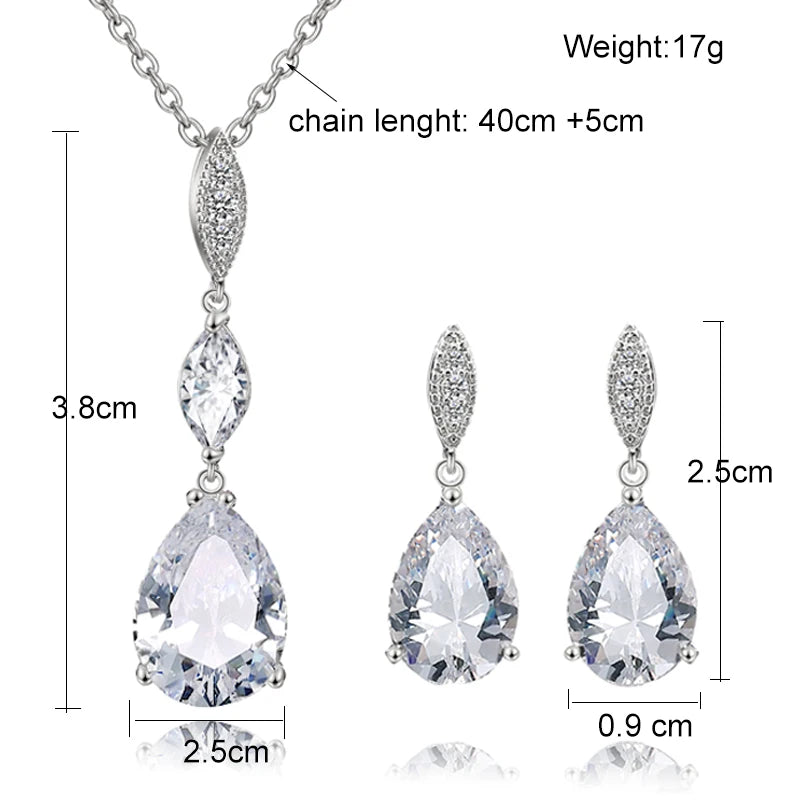 ZAKOL 2 Pcs Water Drop Zircon Earrings Necklace Wedding Jewelry for Women Shining Crystal CZ Party Jewelry Set