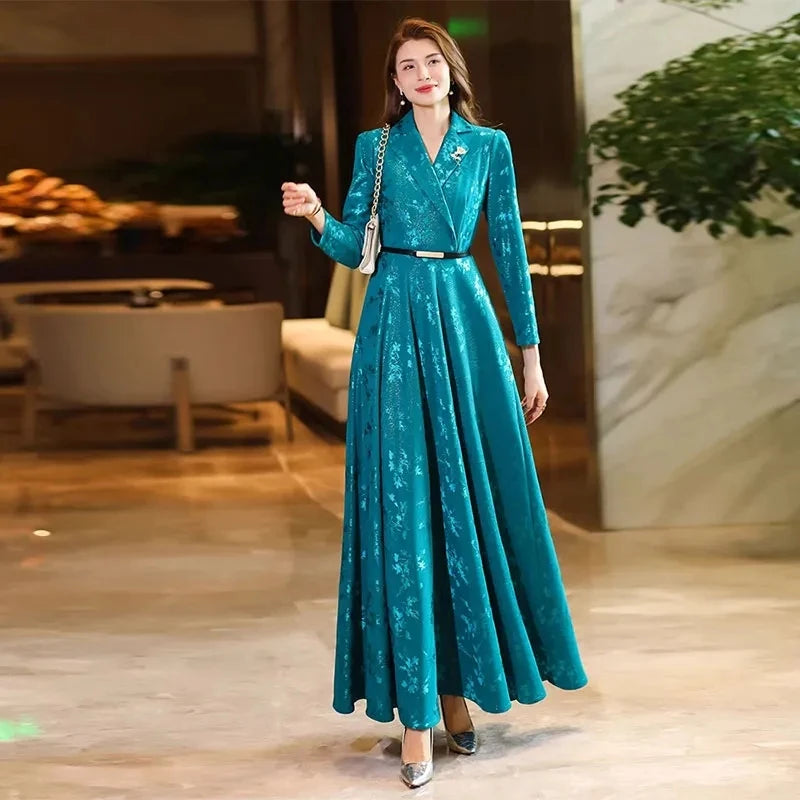Spring Autumn 2025 New Chic Printed Dress Women's Evening Dresses High-End Luxury Slim Long-Sleeved Lake Blue Long Dress