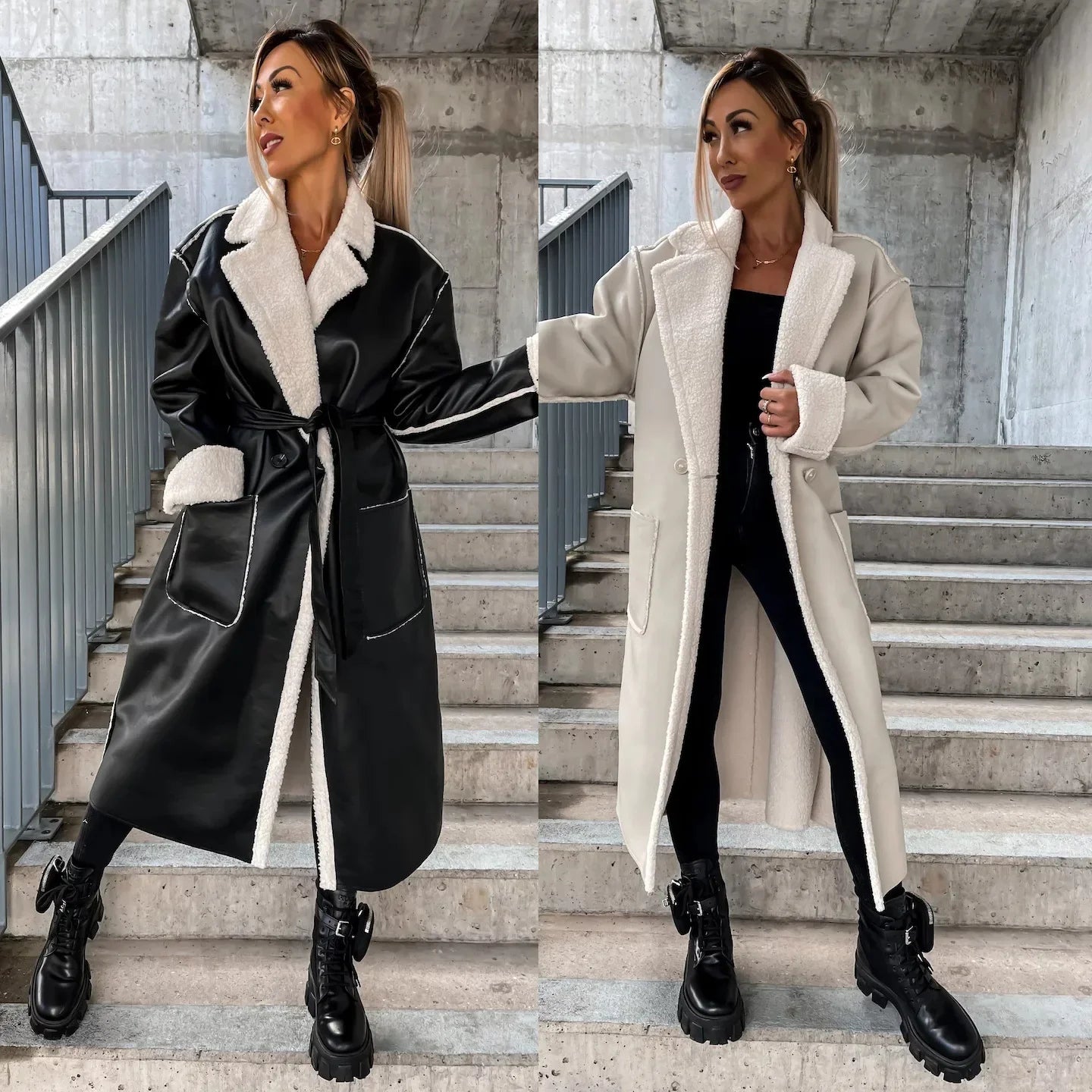 Autumn and Winter New Casual Leather Thickened Windbreaker with Pockets Long Windbreaker with Belt Loose Fashion Coat for Women