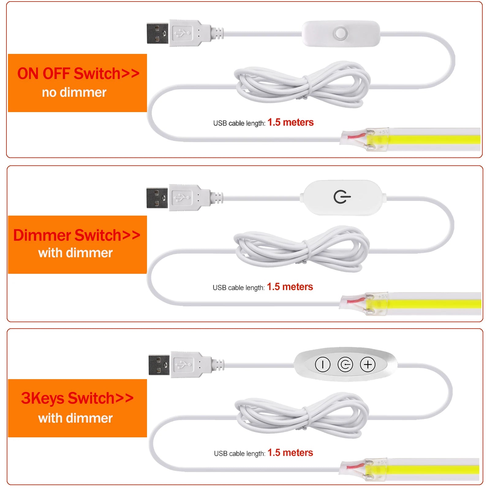 Dimmable COB LED Strip Light 5V USB Flexible LED Tape with ON OFF Switch 320LEDs High Density Linear Lighting with Adhesive Tape