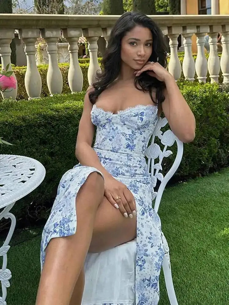 Townlike Midi Long Print Dress Women Spaghetti Strap 2023 Summer Dress Slim Bodycon Nightclub High Split Sexy Party Dresses