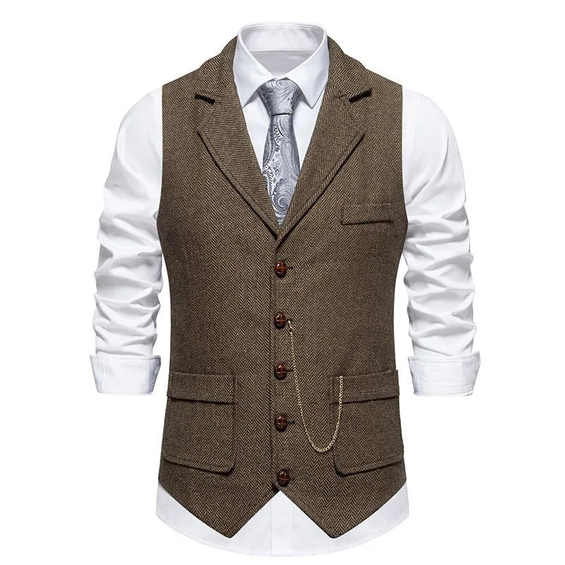 OO11Men's Retro Lapel Single Breasted Suit Vest Herringbone V-neck Vest Men