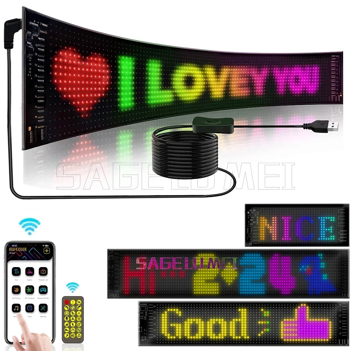 Multilingual Car LED Matrix Pixel Panel Scrolling Advertising 5V USB Smart App Remote Control Car Truck Devil's Eye Signs Light