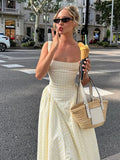 Elegant Sleeveless Pleat Mini Dress High Waist Square Neck Yellow Plaid Patchwork A-line Chic Women Robe 2025 Fashion Streetwear