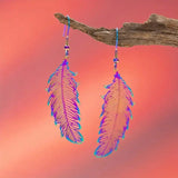 Bohemian Style Exquisite Copper Colorful Hollowed Feather Earrings Long Drop Purple Color Hook Earrings Daily Wear Jewelry