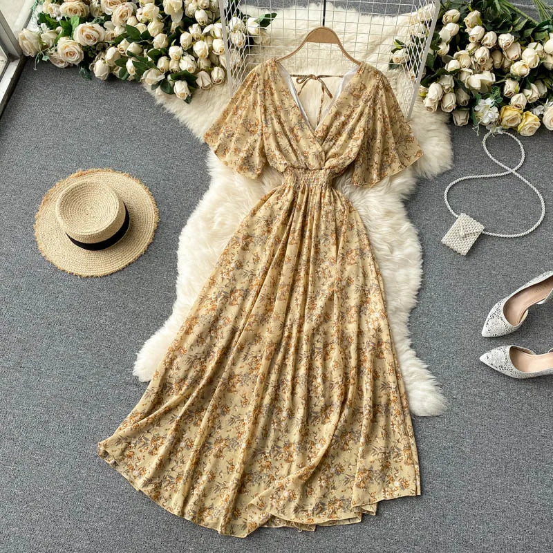 Retro Floral Print Ruffle Chiffon Elegant Midi Dress A-line V Neck Beach Vacation Dress Women Korean Fashion Summer Vestidos
