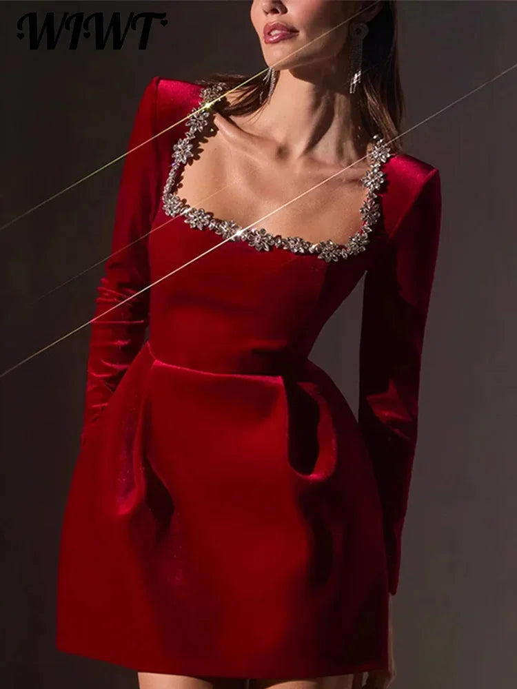 Slim Rhinestone Square Collar Dress Women Elegant Velvet Long Sleeve High Waist A-line Mini Dresses 2025 New Lady Party Vestidos