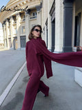 Casual Solid Knit Sweater Pants Set With Scarf Women Lazy V-neck Long Sleeve Pullover Wide Leg Trouser 2024 Autumn Lady Suit