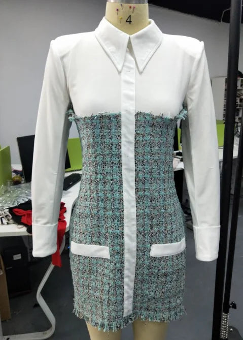Elegant Commuting Style 2024 Spring Latest for Women Short Skirt Fashionable Flip Collar Princess Sleeve Woolen Patchwork Dress