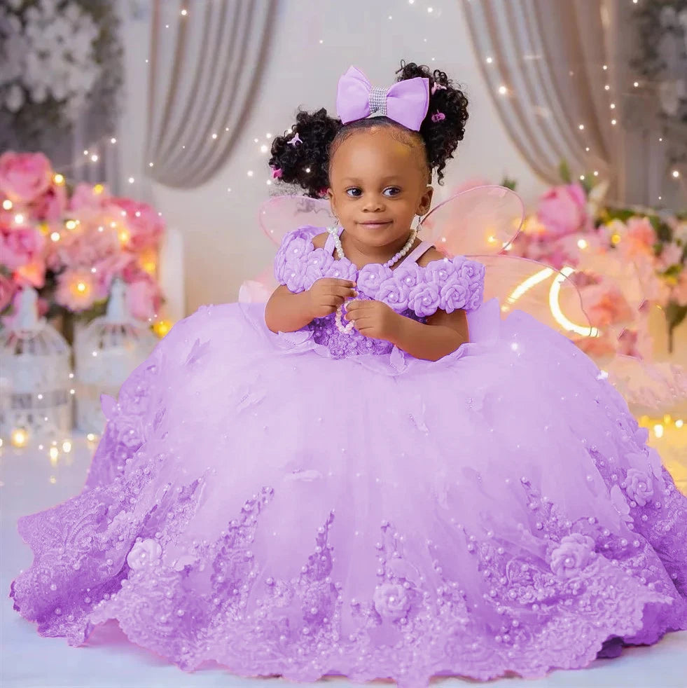 Flower Girl Dresses For Wedding Luxury Pink Tulle Pearls Lace Ball Gown Princess First Communion Birthday Photos Shoot Dresses