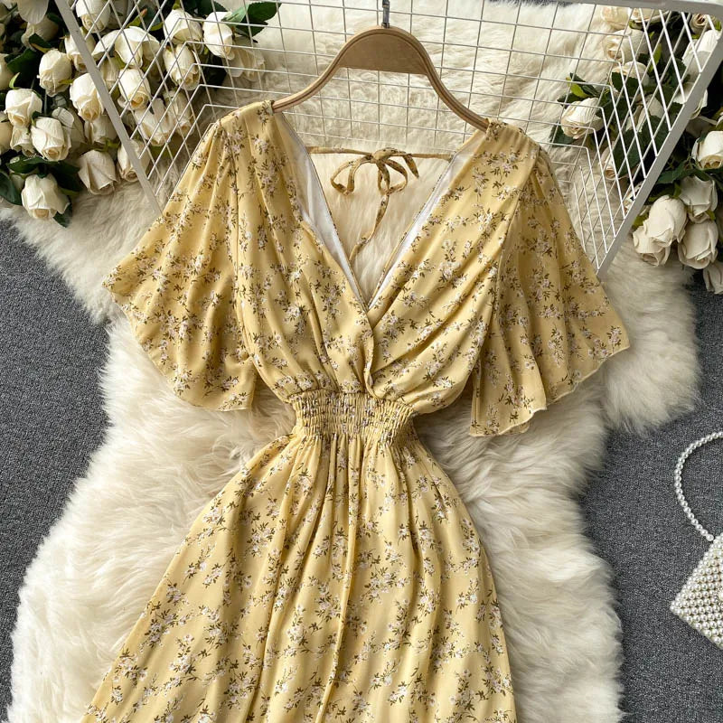 Retro Floral Print Ruffle Chiffon Elegant Midi Dress A-line V Neck Beach Vacation Dress Women Korean Fashion Summer Vestidos