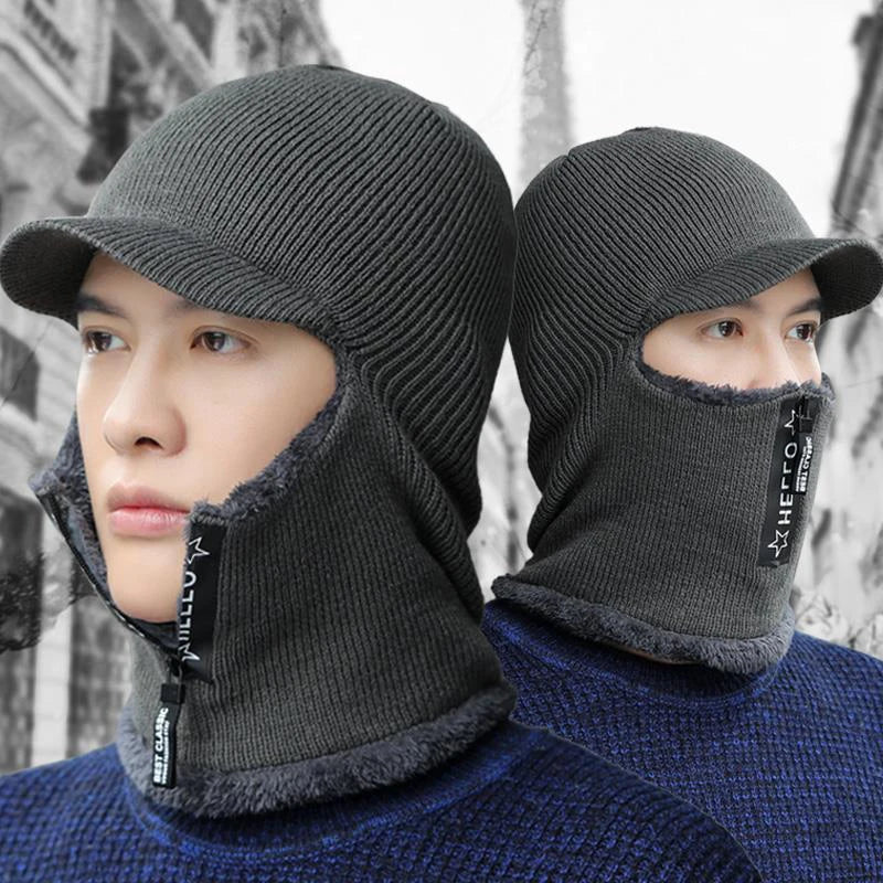 New Men Winter Warm Wool Hat Outdoor Ear Protection Hats Warm Thick Cycling Knitted Cap Scarf Windproof Cap Neckwarmer Cap