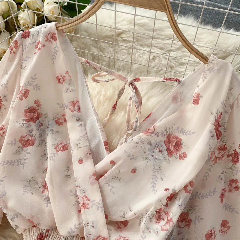 Retro Floral Print Ruffle Chiffon Elegant Midi Dress A-line V Neck Beach Vacation Dress Women Korean Fashion Summer Vestidos