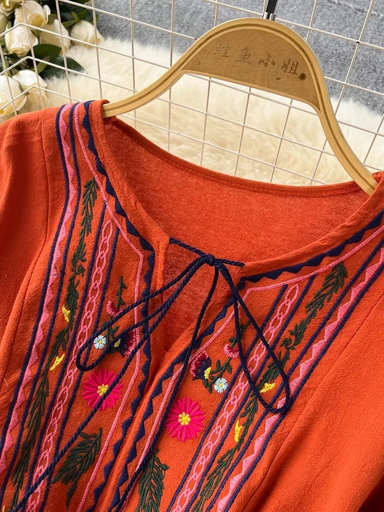 2025 New Spring Autumn Vacation Retro Ethnic Embroidery Dress Lantern Long Sleeve Waist Bohemian Dress A157