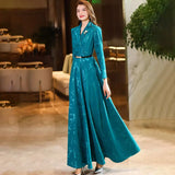 Spring Autumn 2025 New Chic Printed Dress Women's Evening Dresses High-End Luxury Slim Long-Sleeved Lake Blue Long Dress