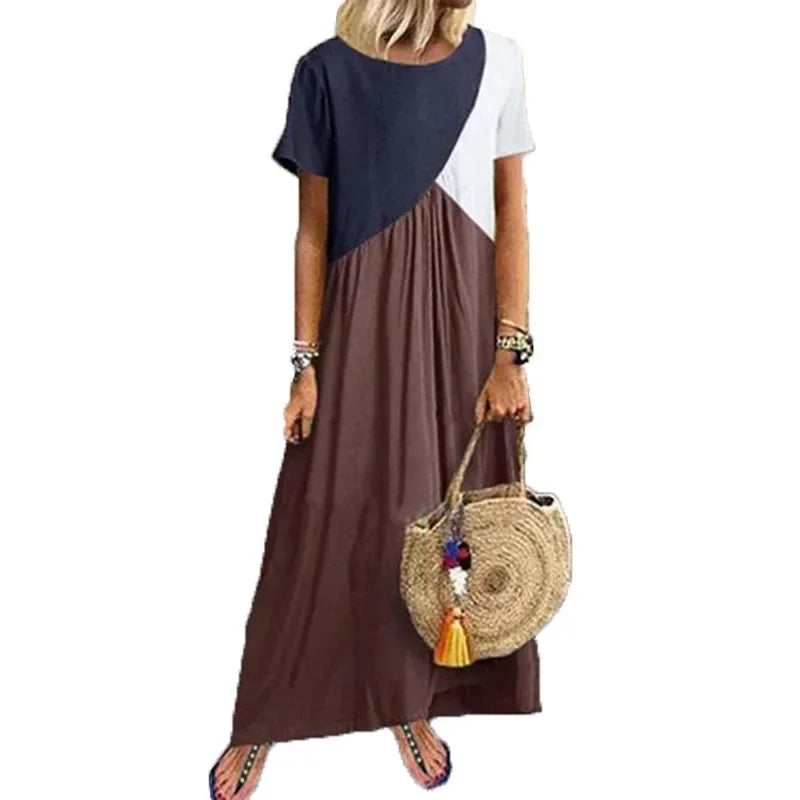Women Bohemian Geometric Stitching Patchwork Contrast Short-sleeve Boho Dress Casual Long Maxi Beach Dresses Large Size
