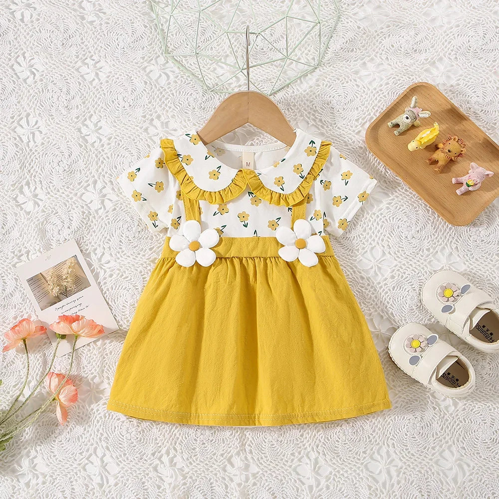 Small Floral Short Sleeved Baby Girl Dress, Summer New Fake Two-Piece Children'S Clothing (6-24 Months)