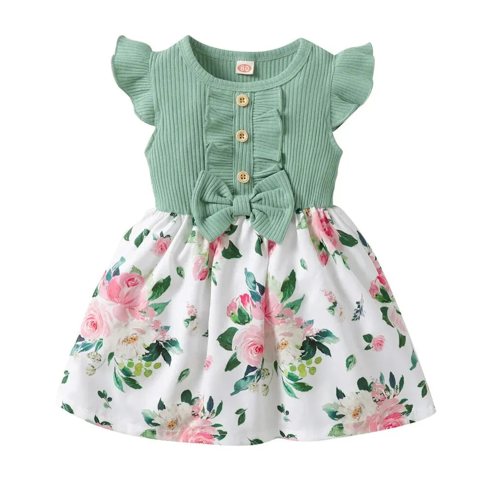 1-5 Years Toddler Girl Dress Fly Sleeve Flowers A- Line Princess Dress Children Summer Lovely Daily Holiday Dresses for Kids Gir