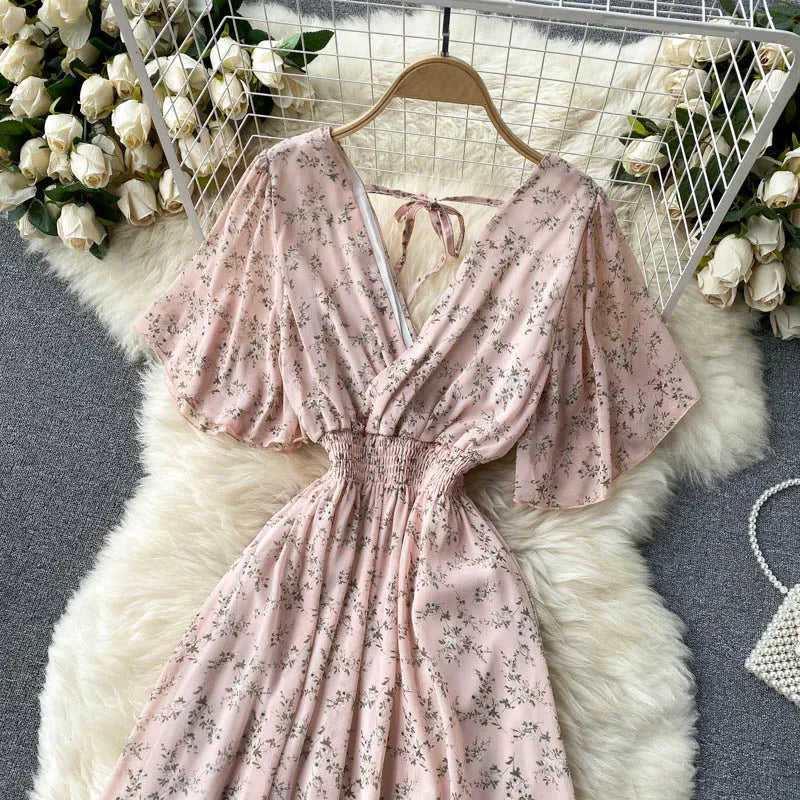 Retro Floral Print Ruffle Chiffon Elegant Midi Dress A-line V Neck Beach Vacation Dress Women Korean Fashion Summer Vestidos
