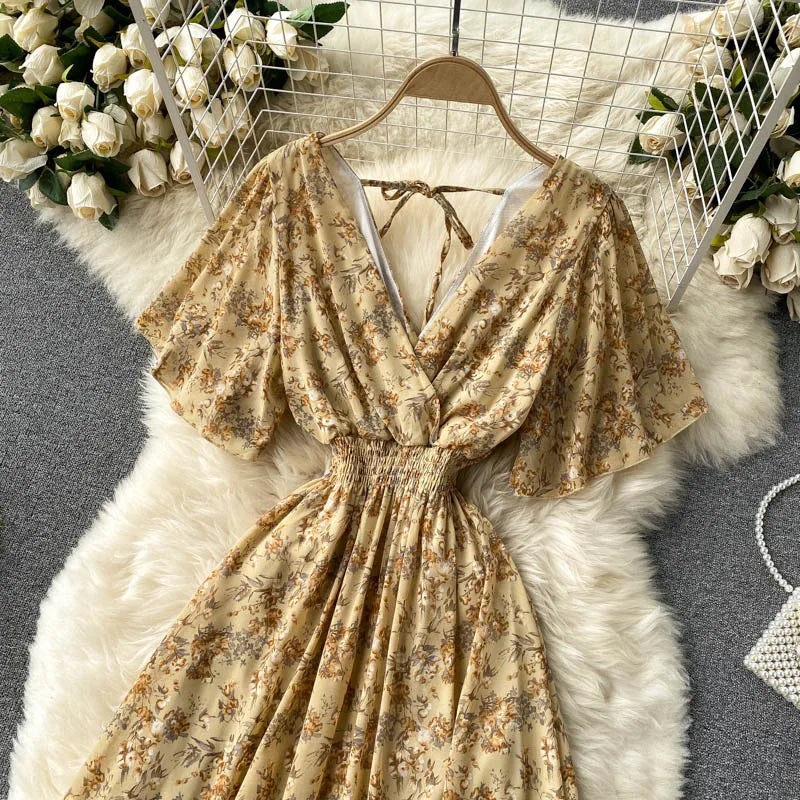 Retro Floral Print Ruffle Chiffon Elegant Midi Dress A-line V Neck Beach Vacation Dress Women Korean Fashion Summer Vestidos