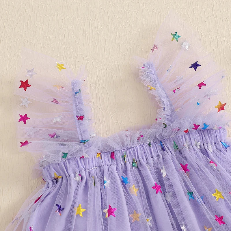 MISOWMNJOY Summer Chiffon Baby Girl Tulle Dresses Princess Glitter Flower Print Fly Sleeve Square Neck Kids Sundress Clothes