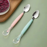 Fruit Scraping Mud Spoon Stainless Steel Baby Food Feeding Spoon Two Heads Soft Silicone Easy To Baby Feeder Utensils