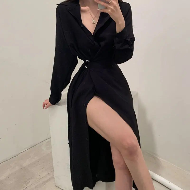 Dresses Women Single Breasted Classy Turn-down Collar Defined Waist Chic Female Vestidos Popular Daily Spring Autumn Ulzzang