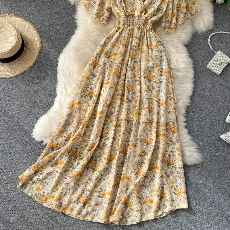 Retro Floral Print Ruffle Chiffon Elegant Midi Dress A-line V Neck Beach Vacation Dress Women Korean Fashion Summer Vestidos