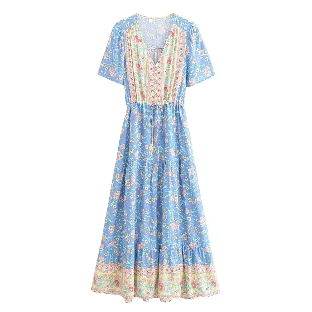 Happie Queens Women Floral Print Tie Neck Beach Bohemian Maxi Dresses Ladies Rayon Cotton Boho Pleated Dress Vestidos
