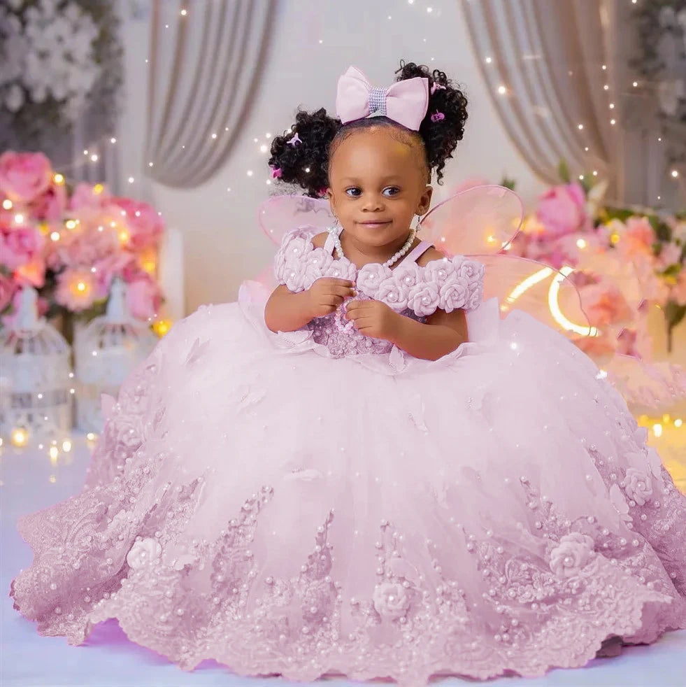 Flower Girl Dresses For Wedding Luxury Pink Tulle Pearls Lace Ball Gown Princess First Communion Birthday Photos Shoot Dresses
