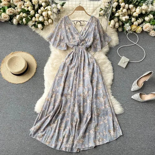 Retro Floral Print Ruffle Chiffon Elegant Midi Dress A-line V Neck Beach Vacation Dress Women Korean Fashion Summer Vestidos